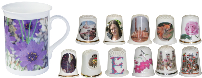 Digital ceramic decals on mug and thimbles
